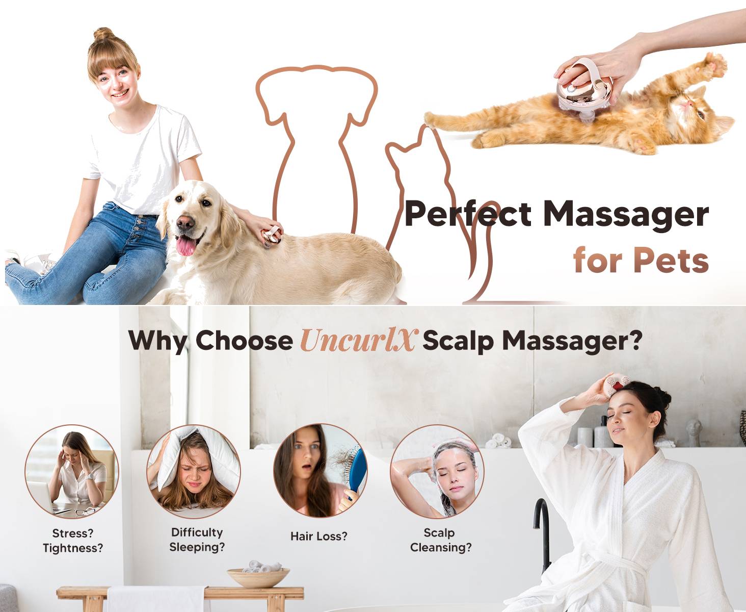 UnCurlX Scalp Massager – Portable Waterproof Head Massager for Stress Relief & Hair Care, Rechargeable | Also for Cats | Gift for Mom & Dad - UnCurlX